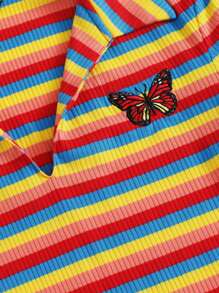 Muchica Ribbed Rainbow Striped Butterfly Embroidery Dress - Red - View 3