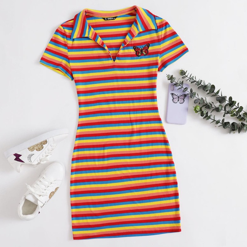 

Ribbed Rainbow Striped Butterfly Graphic Dress, Multicolor