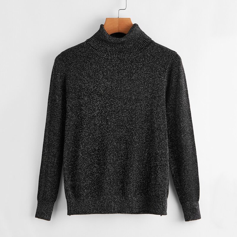 

Glitter Turtleneck Long Sleeve Sweater, Black