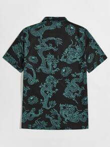 Manfinity RebelGame Camisa con estampado de dragón de cuello V - Negro - Ver 2