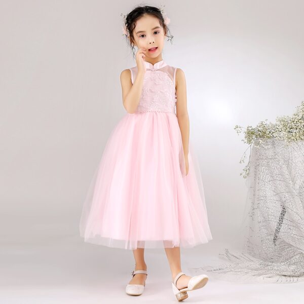 

Girls Applique Pearl Beaded Mesh Party Dress, Baby pink