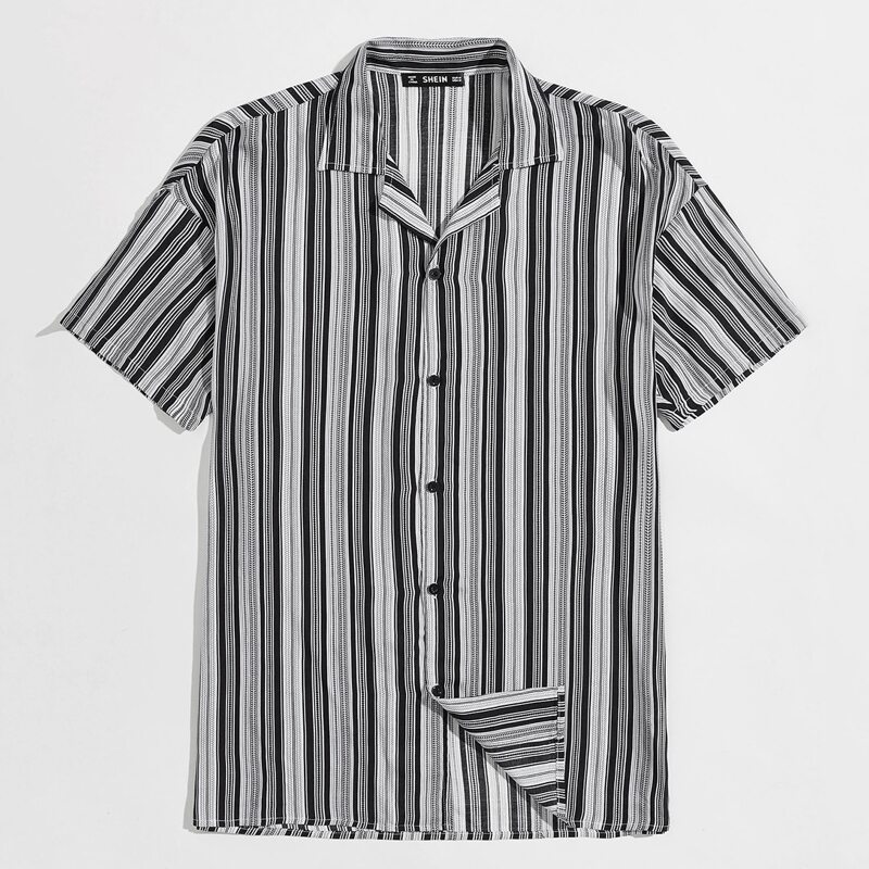

Guys Notch Collar Drop Shoulder Striped Shirt, Black and white