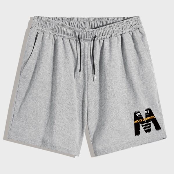 

Men Letter Graphic Drawstring Shorts, Light grey
