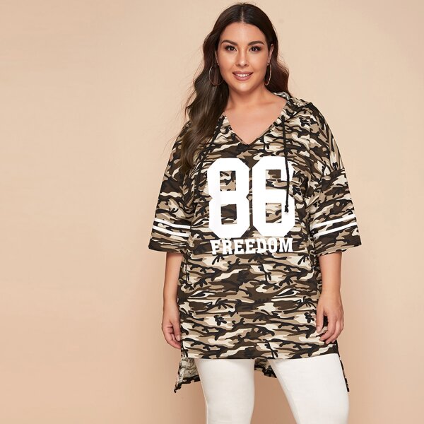 

Plus Drop Shoulder High-low Hem Varsity Camo Hoodie, Multicolor