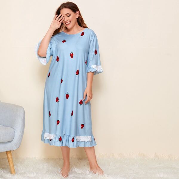 

Plus Contrast Schiffy Detail Ruffle Trim Strawberry Nightdress, Baby blue
