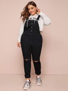 Plus Ripped Button Front Denim Overall - Black - View 1