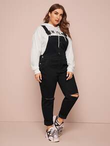 Plus Ripped Button Front Denim Overall - Black - View 3
