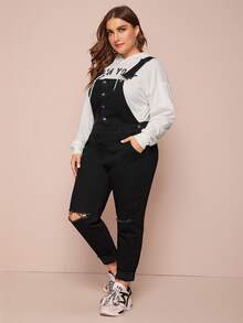 Plus Ripped Button Front Denim Overall - Black - View 4