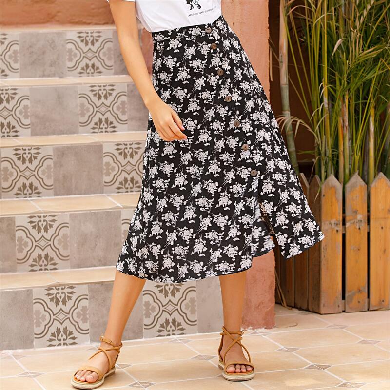 

Allover Floral Button Front A-line Skirt, Black and white