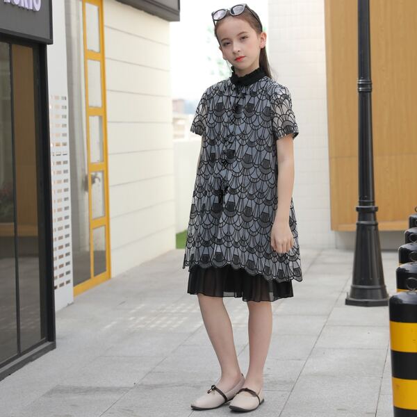 

Girls Frill Neck Embroidered Mesh Smock Dress, Black
