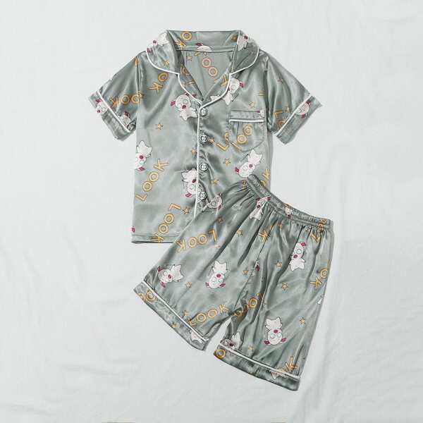 

Toddler Boys Letter And Pig Print Satin PJ Set, Mint green