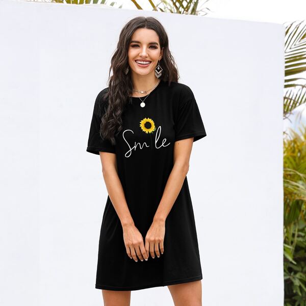 

Sunflower Print Batwing Sleeve Tee Dress, Black