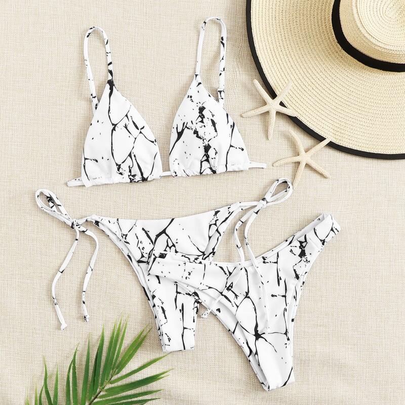 

Marble Print Triangle Bikini Swimsuit, White
