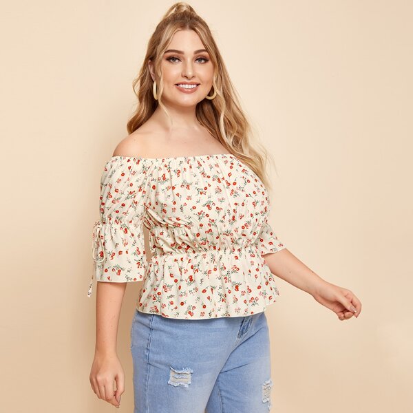 

Plus Off Shoulder Tie Side Ditsy Floral Top, Beige