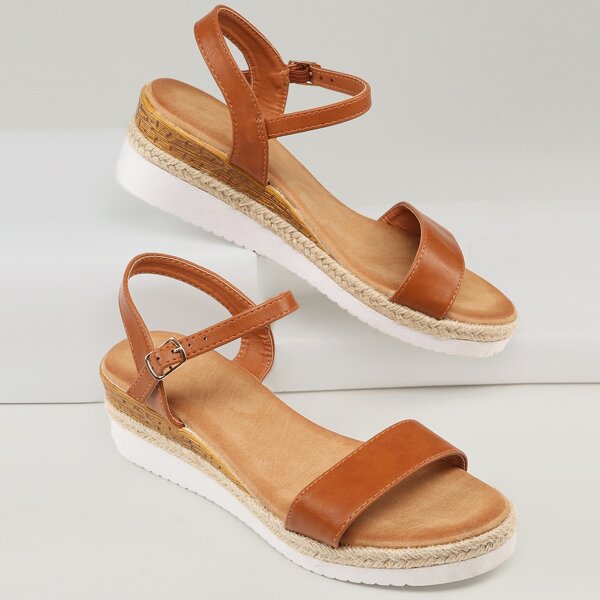 

Open Toe Buckled Ankle Flatform Wedge Sandals, Brown