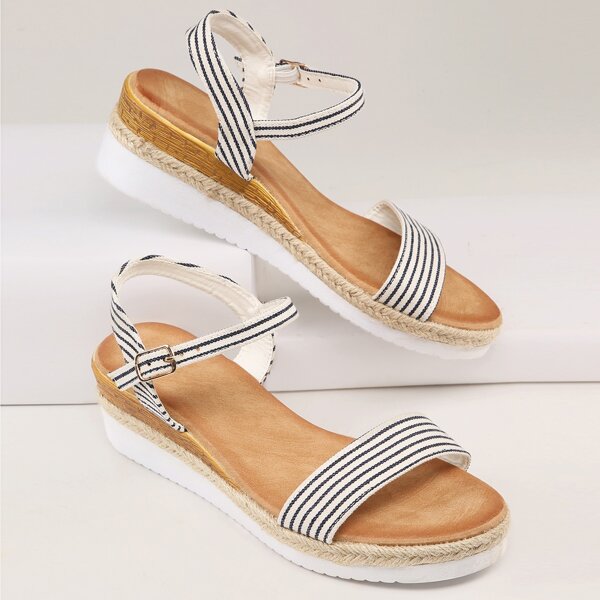 

Striped Open Toe Buckled Ankle Low Wedge Sandals, Black and white