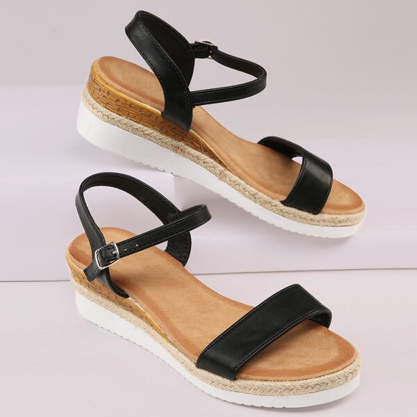 

Single Band Open Toe Low Platform Wedges, Black