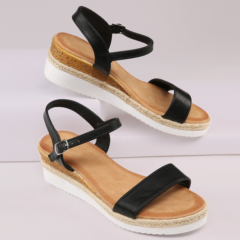 

Single Band Open Toe Low Platform Wedges, Black