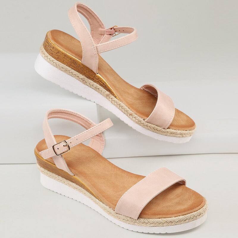 

Open Toe Buckled Ankle Flatform Wedge Sandals, Baby pink