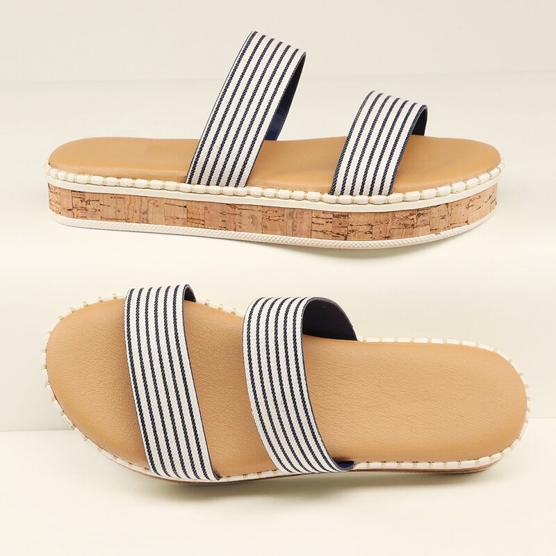 

Striped Double Band Platform Sandals, Black and white