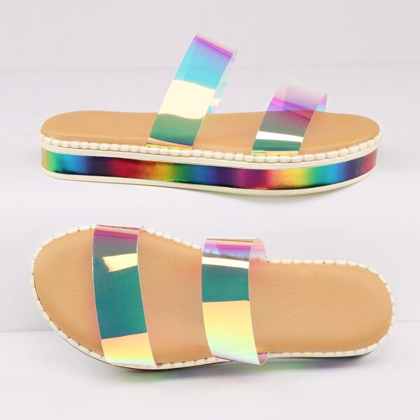 

Iridescent Double Band Flatform Sandals, Multicolor