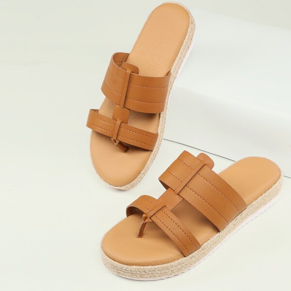 

Double Band Open Toe Thong Flatform Sandals, Camel