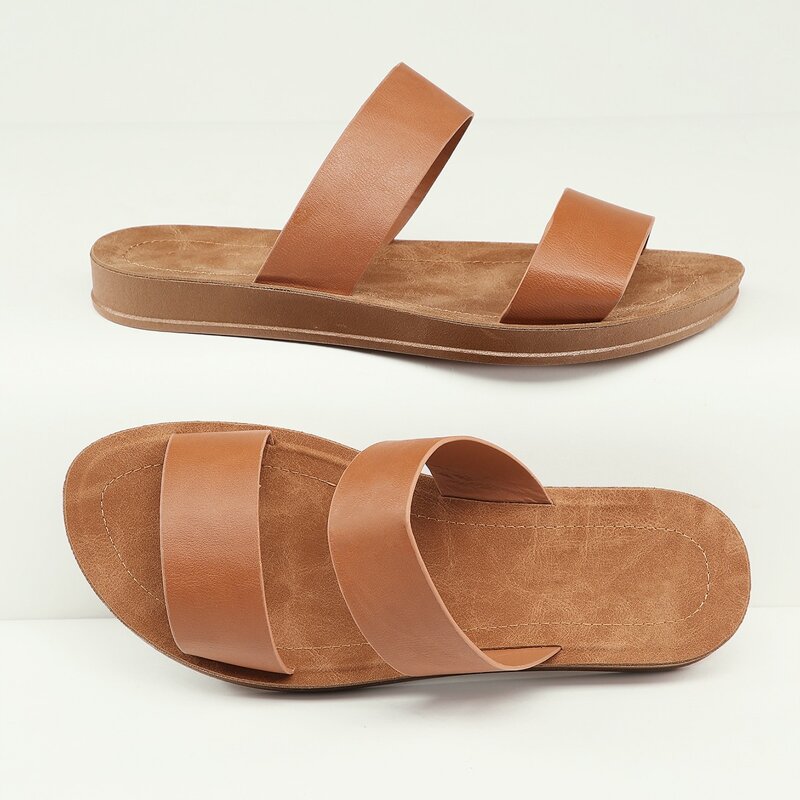

Twin Band Open Toe Low Flatform Sandals, Brown