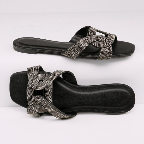 

Square Toe Rhinestone Interlock Band Slide Sandals, Black