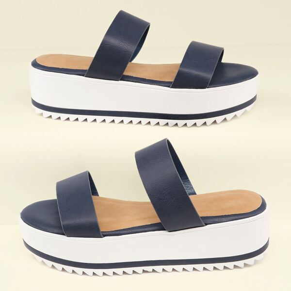 

Twin Band Platform Wedge Sandals, Navy blue