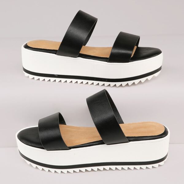 

Double Band Flatform Wedge Sandals, Black and white