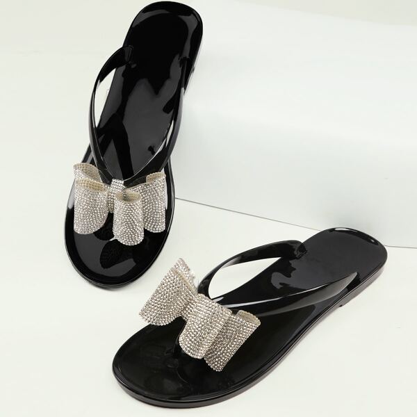 

Rhinestone Bow Flat Jelly Thong Sandals, Black