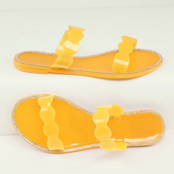 

Rhinestone Trim Scalloped Double Band Jelly Sandals, Yellow