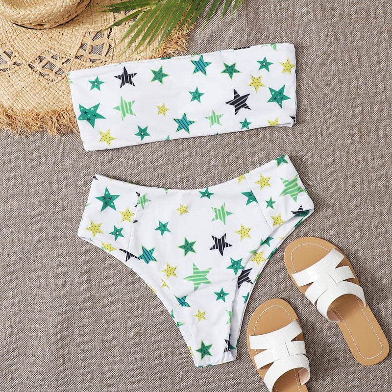 

Star Print Bandeau High Waisted Bikini Swimsuit, White