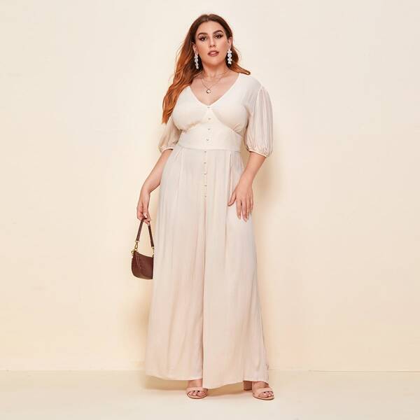 

Plus V-neck Puff Sleeve Bustier Palazzo Jumpsuit, Beige