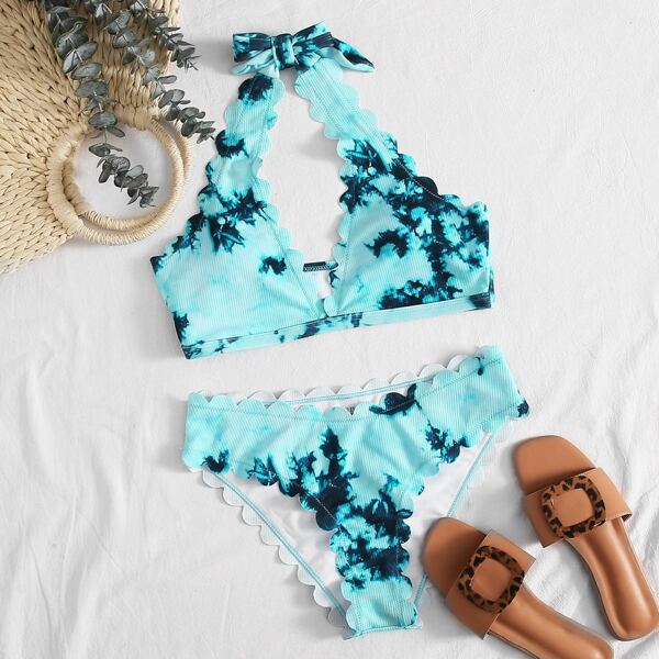 

Tie Dye Rib Halter Bikini Swimsuit, Bright mint blue