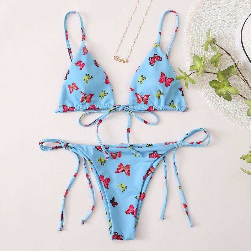 

Butterfly Print Triangle Tie Side Bikini Swimsuit, Pastel baby blue