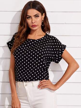 Cuffed Sleeve Polka Dot Top