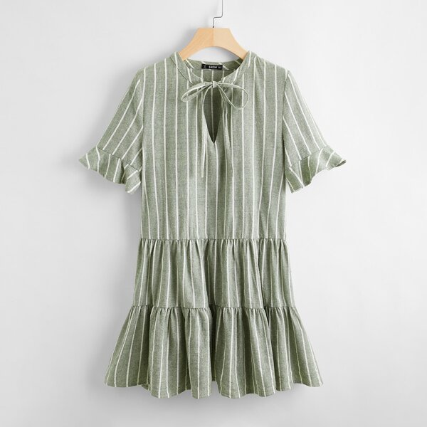 

Tie Neck Ruffle Cuff Tiered Hem Striped Dress, Green
