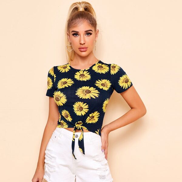 

Knot Hem Sunflower Print Top, Navy blue