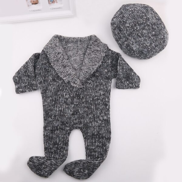 

Newborn Boy Heather Gray Knit Jumpsuit & Hats Photo Outfit, Grey