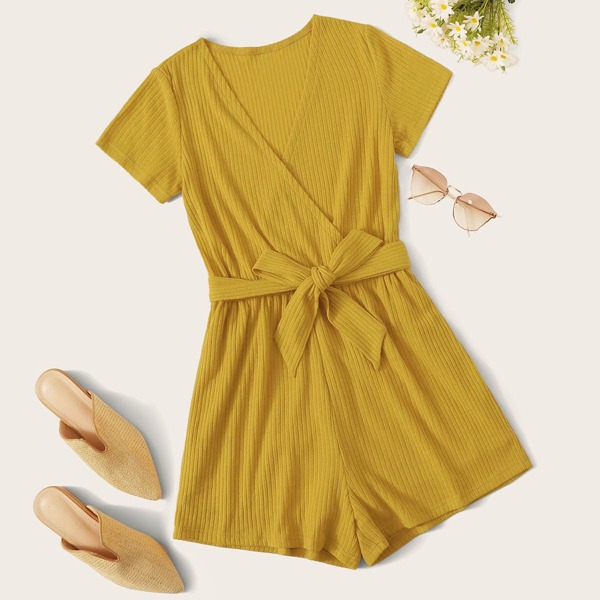 

Plus Rib-knit Surplice Belted Romper, Mustard yellow