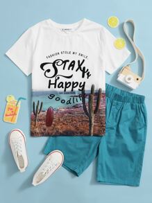 SHEIN Tween Boy Slogan Mixed Print Top & Shorts Set - Multicolor - View 1