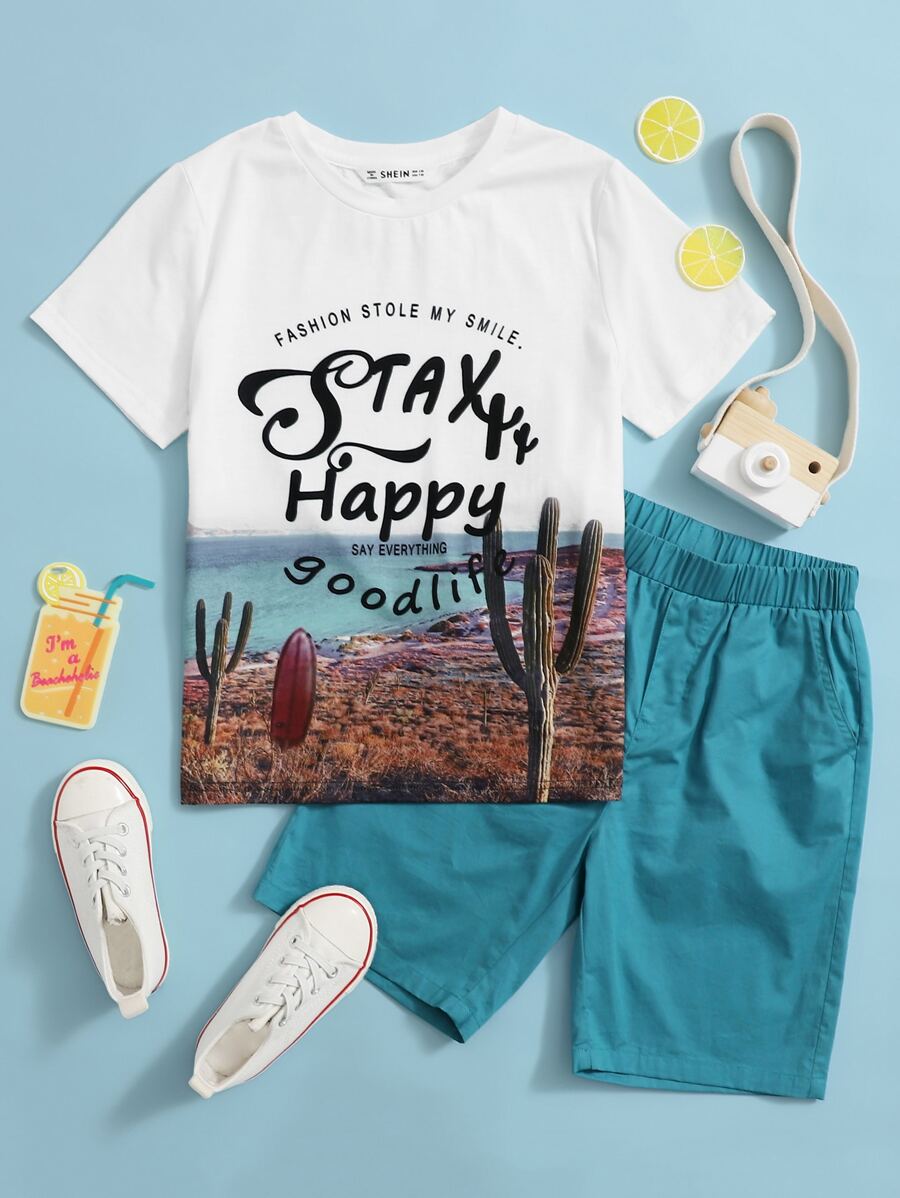 SHEIN Tween Boy Slogan Mixed Print Top & Shorts Set - Multicolor - View 1