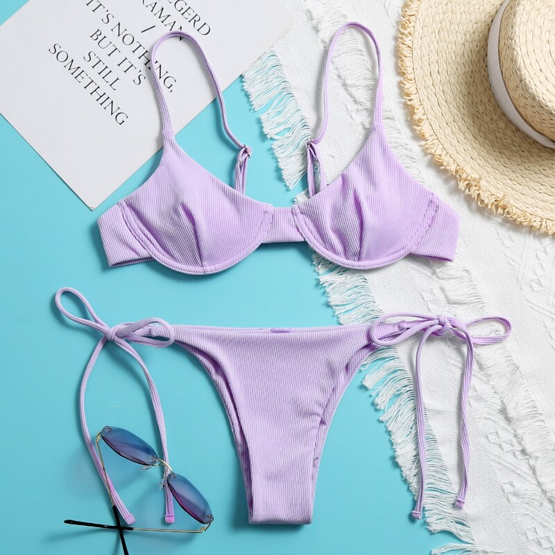 

Rib Underwire Tie Side Bikini Swimsuit, Pastel lilac purple
