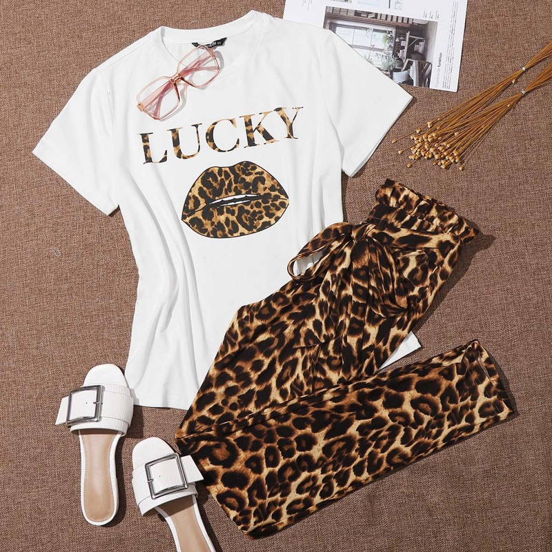 

Lucky Graphic Leopard Top & Paperbag Waist Pants Set, Multicolor