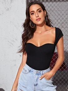Top tejido de canalé de cuello sweetheart - Negro - Ver 1