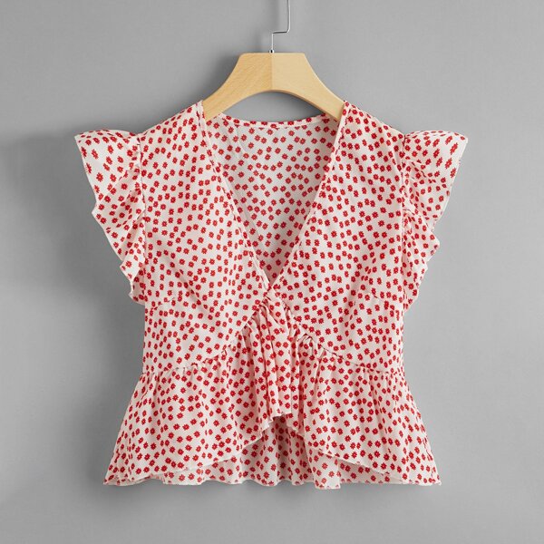

Butterfly Sleeve Ditsy Floral Peplum Blouse, Multicolor