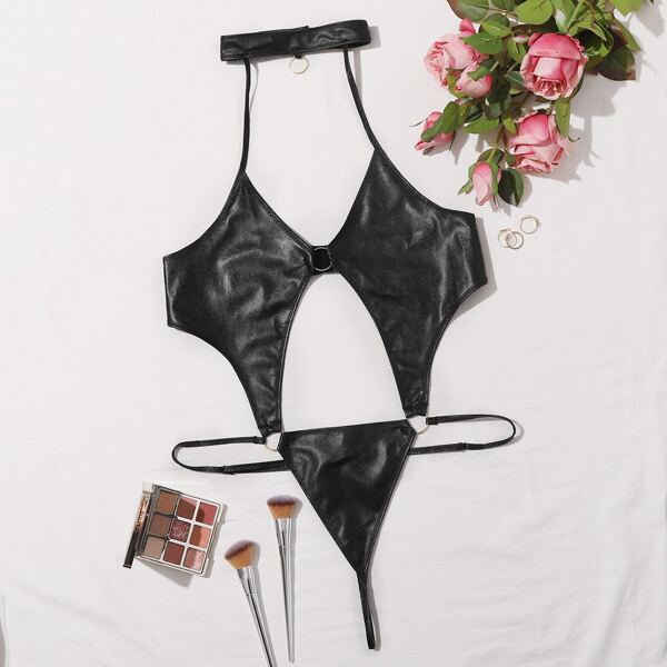 

Ring Faux Leather Choker Teddy Bodysuit, Black