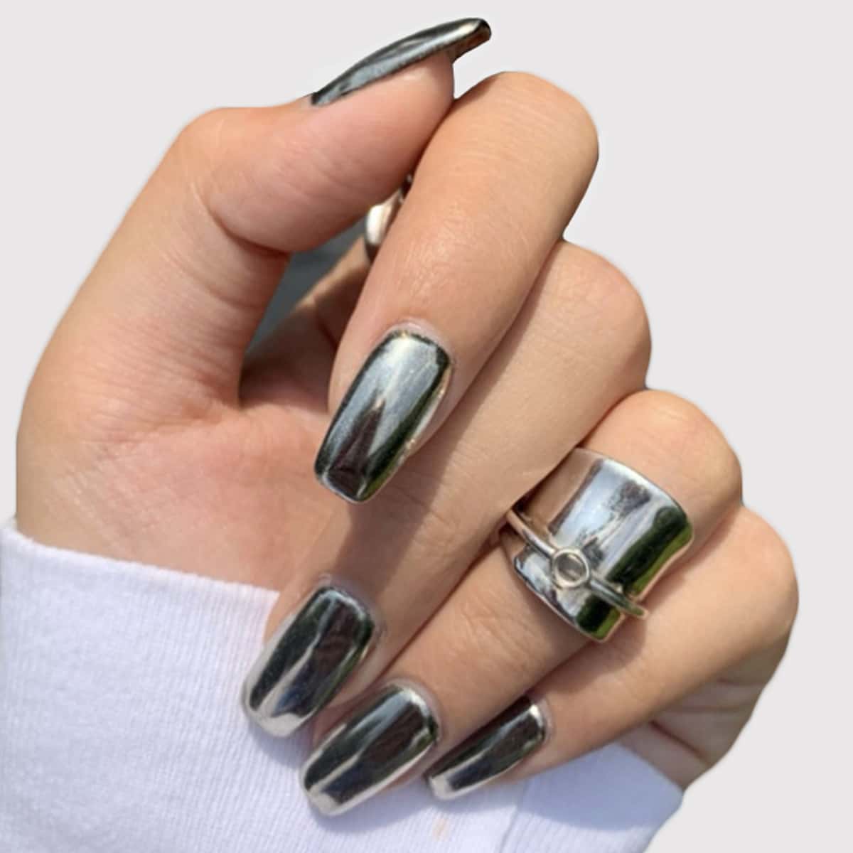 

24pcs Mirror Surface Fake Nail With Double-side Tape, Grey