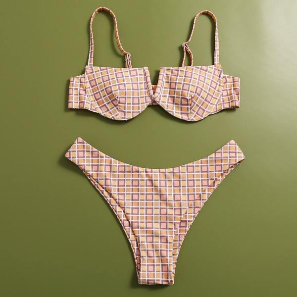 

Plaid V Wired Underwire Bikini Swimsuit, Dusty pink